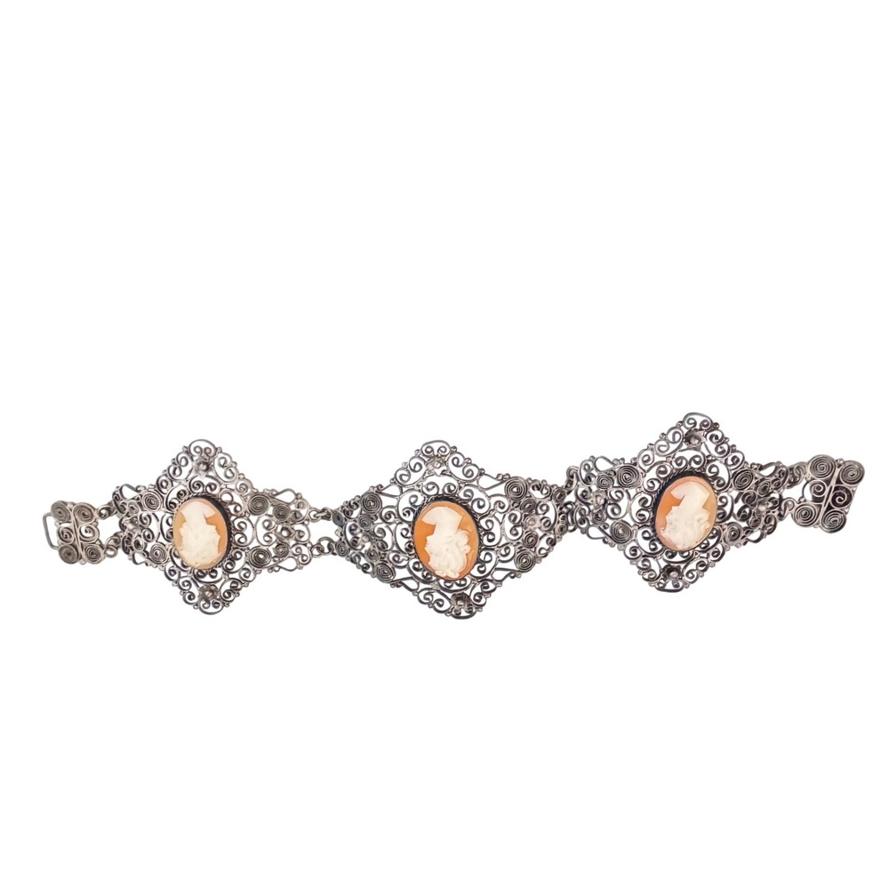 Antique 800 Silver Filigree Hand‎ Carved Cameo Bracelet